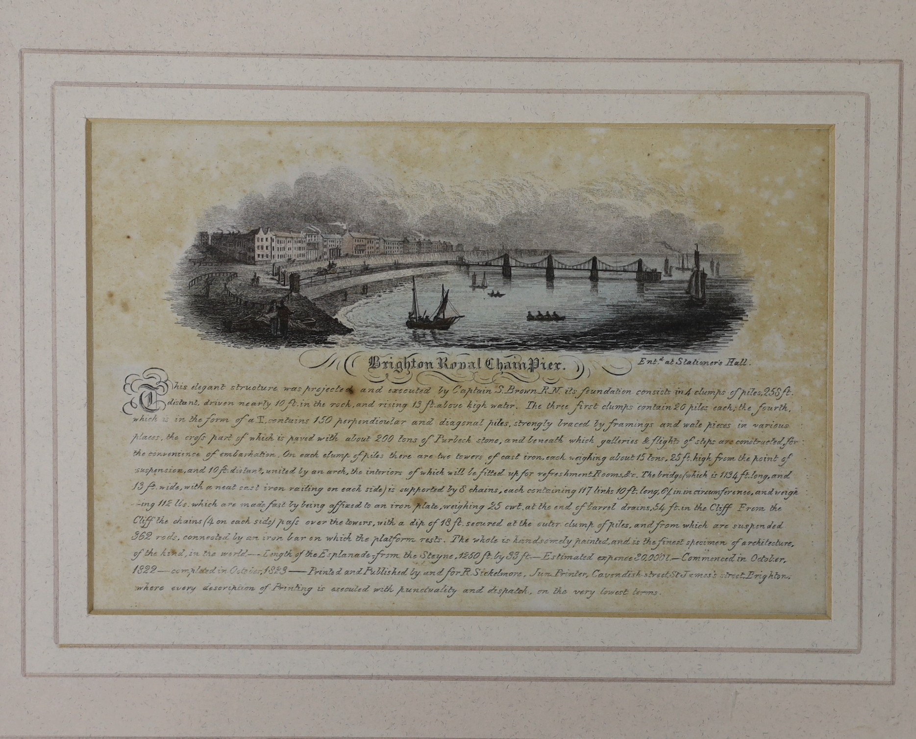 A hand coloured steel engraving of the Brighton Royal Chain Pier, 10 x 15cm, and two steel engraved maps, Oxfordshire and Warwickshire, largest 26 x 20cm